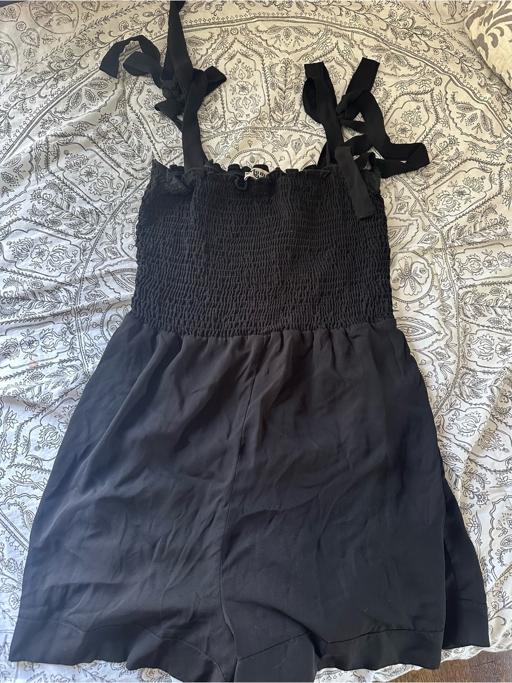 Show Me Your MuMu Black Smocked Romper with Tie Straps